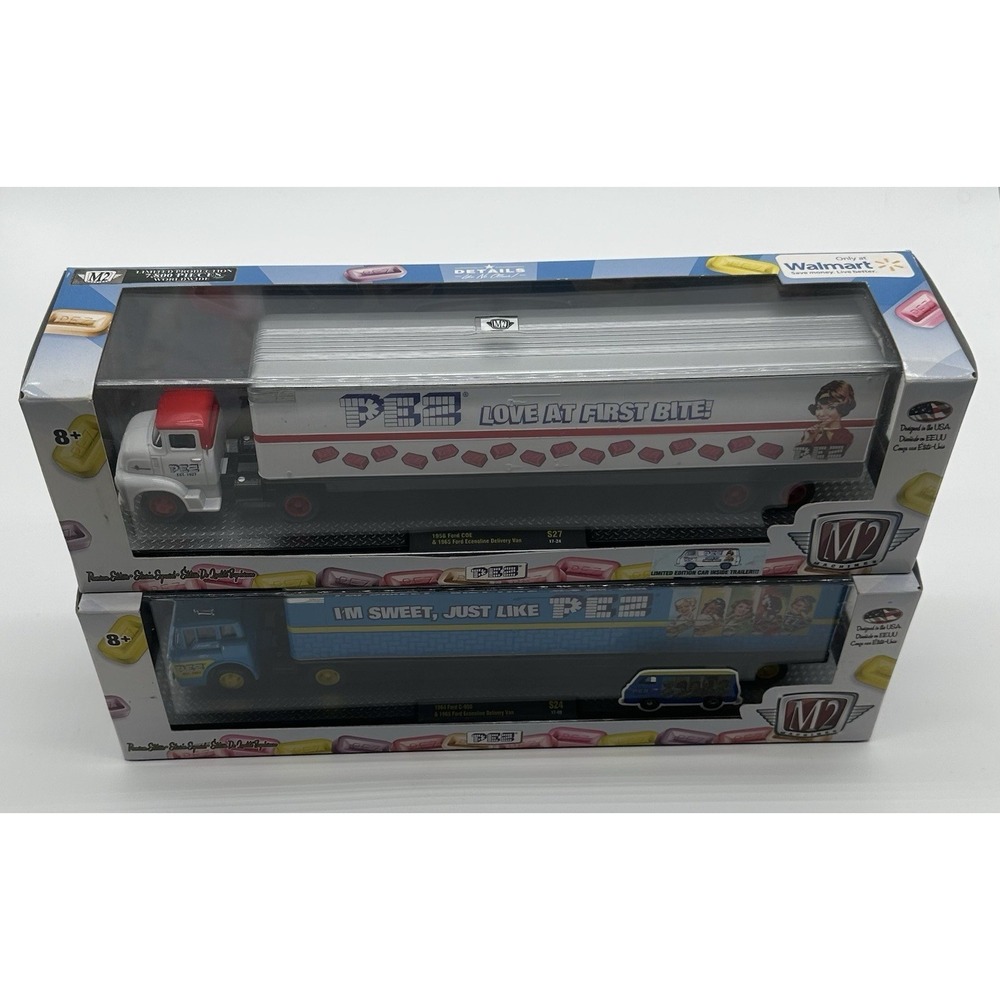 M2 MACHINES PEZ TRANSPORT TRUCK LOT 2 LOVE AT FIRST BITE & JUST LIKE PEZ DIECAST